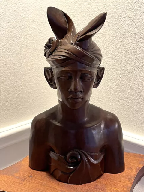 Vtg 13 1/2" Carved Ironwood Bali Statue Male Bust Art Sculpture Indonesian