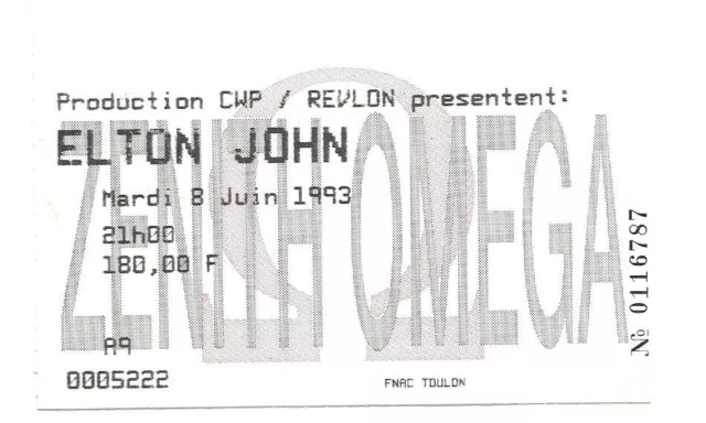 Rare / Ticket Billet De Concert - Elton John : Live A Toulon ( France ) 1993