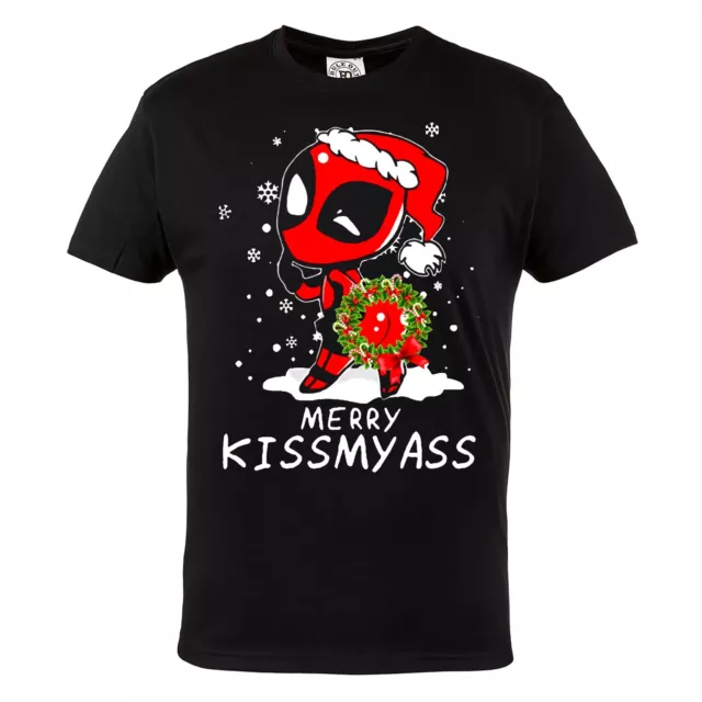 Herren T-Shirt mit Aufdruck für Weihnachten Deadpool Marvel Merry Kiss-my-ass