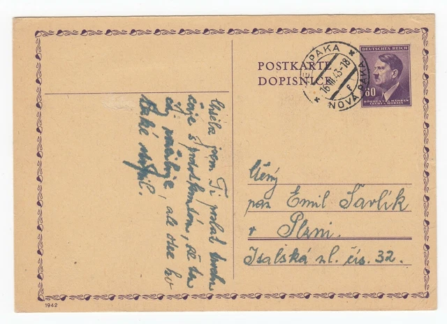 Böhmen und Mähren Postkarte Ganzsache Neupaka Nová Paka nach Plana 1943
