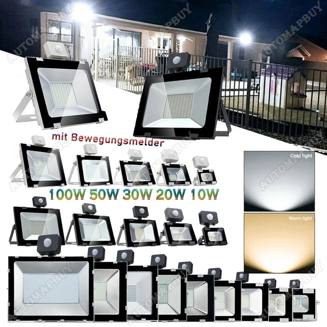 LED Fluter mit Bewegungsmelder 10-100W Flutlicht Scheinwerfer Auße Strahler IP65