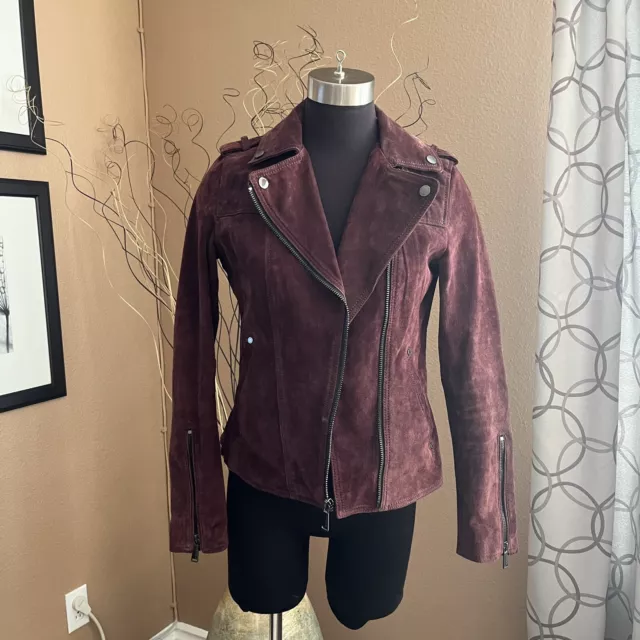 BCBG Generation Peplum Genuine Suede Moto Jacket Womens Small Maroon Burgundy