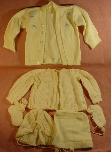 Rare Never Used 1960's Yellow Knitted Baby Outfit - Shirt, Sweater, Hats & Socks