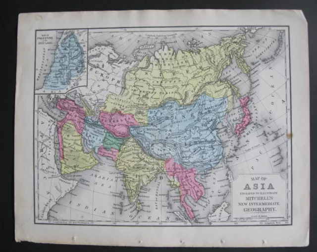 Original 1876 Mitchell Map of Asia with Palestine or the Holy Land insert