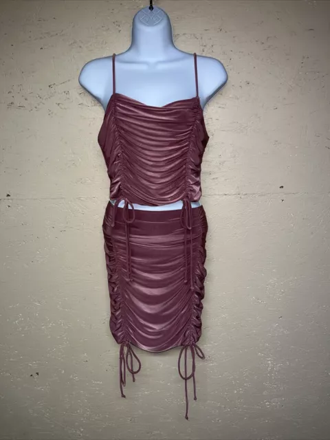 POPULAR 21 Women's Juniors Sz L 2 Piece Ruched Top & Skirt Set Mauve NWT