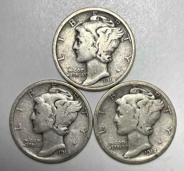 1918, 1918-D and 1918-S 10C Mercury Dimes 90% Silver