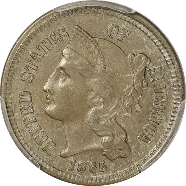 1865 Three Cent Nickel 3CN, PCGS AU-55