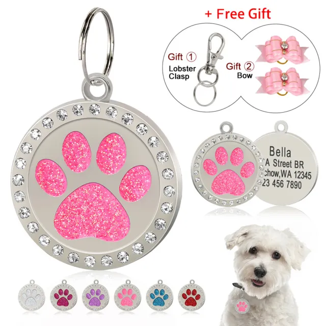 Paw Cat Dog Tags Personalized Custom Pet Name ID Engraved Rhinestone Bling Tag