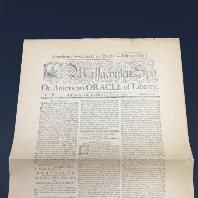 Rare Original “Massachusetts Spy” Revolutionary War Newspaper~May 3 1775