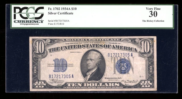 DBR 1934-A $10 Silver Fr. 1702 PCGS 30 Serial B17217305A