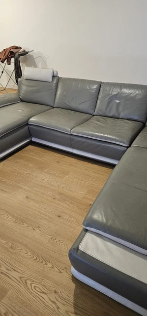 Grand Canapé En Cuir Gris Château D'Ax – 350cm, Reconditionné, Plus De 6 Places