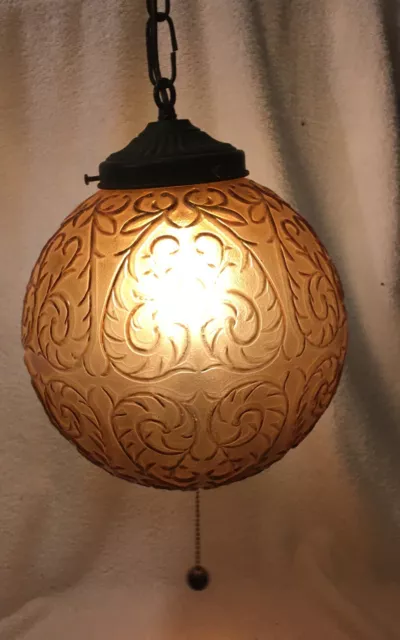 Vintage MCM ROUND Amber Globe Hanging Swag Lamp Light Chain Metal Accents