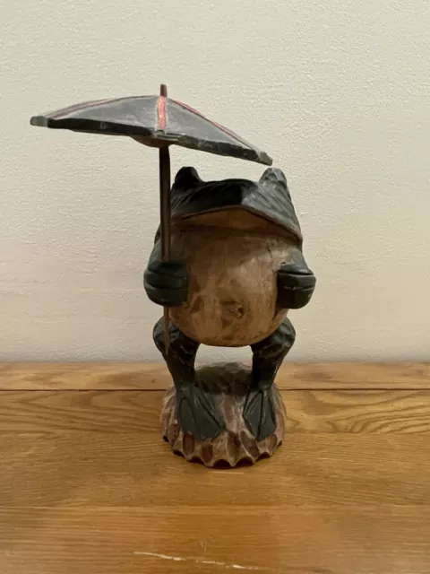 Vintage British Carved Wooden Frog Ornament Figure Solid Wood Large