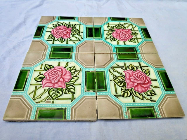 Vintage Embossed Majolica Art Nouveau Architecture Furniture Tile Japan 4 Pcs 2
