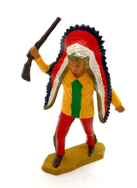 Figurine Starlux Indien Cavalier Fusil En L'air – Série 65, Jaune, Vintage