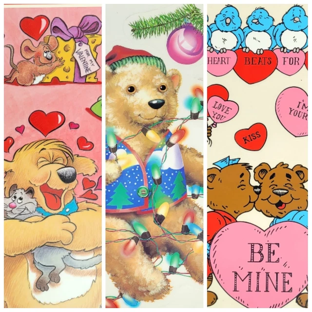 Christmas Valentines Window Cling Sheets 18 x 12 Lot of 3 Vintage 1980s Decor