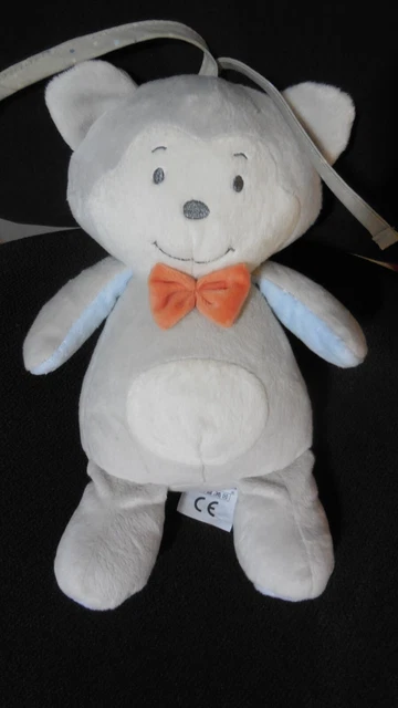 doudou peluche musicale ours Fifi gris bleu noeud orange BEBE9 bébé 9 28cm