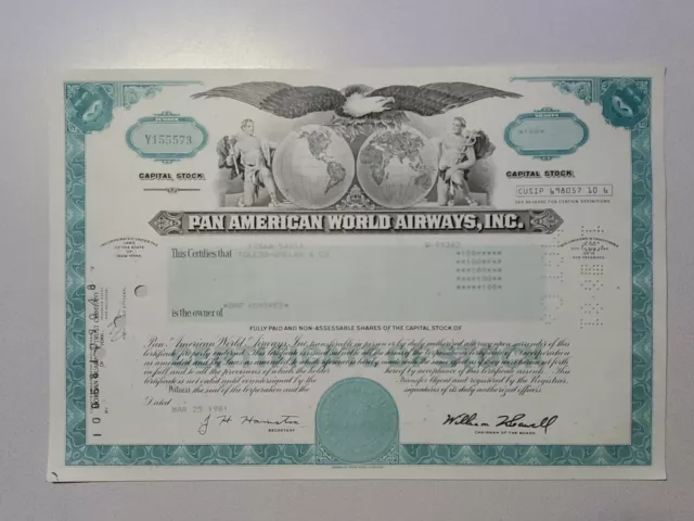 Pan American World Airways Cancelled Stock Certificate