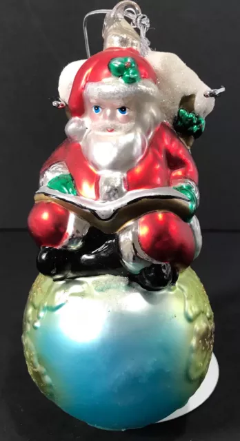 Dept 56 Mercury Glass Tree Ornament Santa On Top Of The World Hand Painted NIB