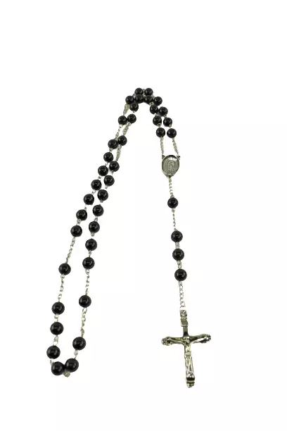 Rosary Necklace Silver Chain Black Beads Catholic Cross Crucifix Prayer Beads