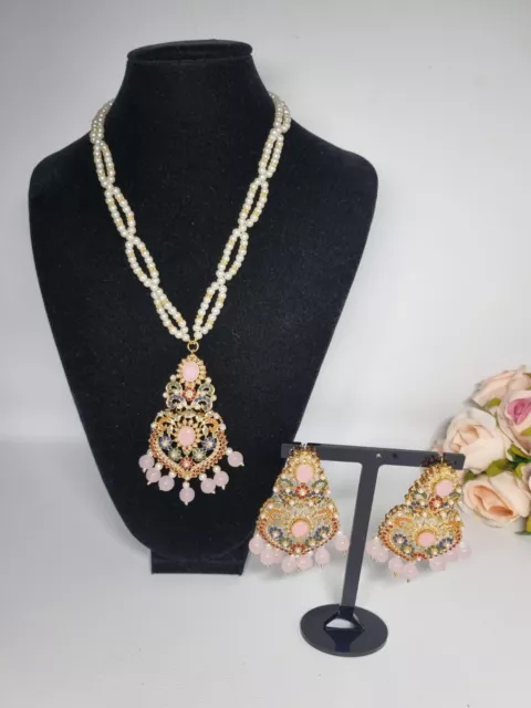 Indian Pakistani Gold pearl mala pendant set with pink and multi stones