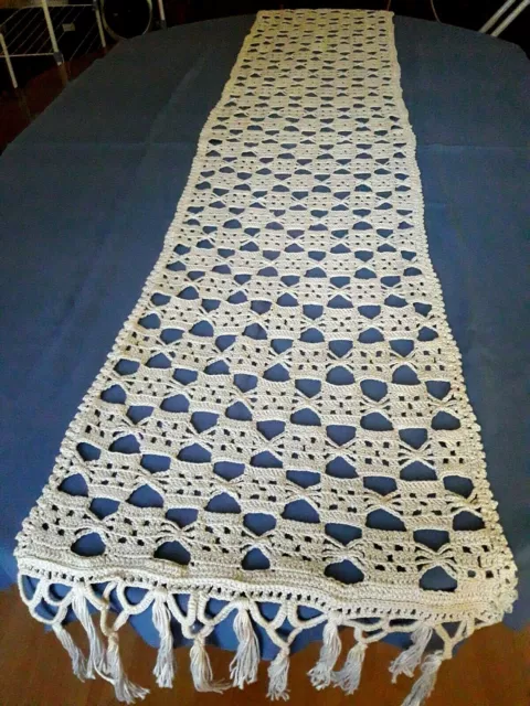 N18 CHEMIN DE TABLE COTON BEIGE AU CROCHET FAIT MAIN 37x170cm Old Table runner