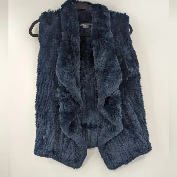 VINCE. Vest Womens Extra Small XS Blue Rabbit Fur Open Front