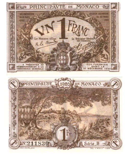 r Reproduction Paper - Monaco 1 Franks Francs 1920 Pick #5   0015R