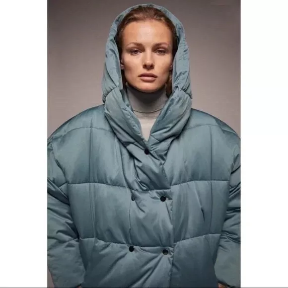 Zara Satin Blue Oversized Hooded Quilted Puffer Coat Size XS
