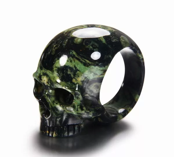 Kambaba Jasper Carved Crystal Skull Ring