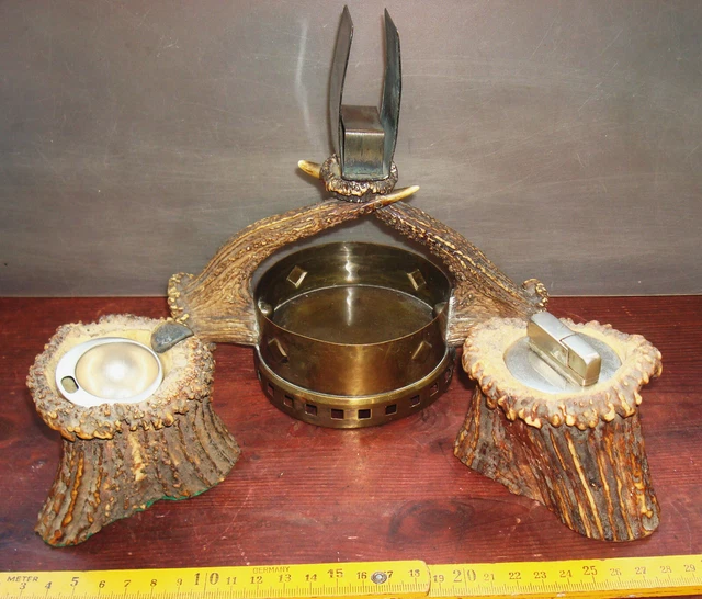 Antiguo Cuerno de Ciervo Juego Cenicero Soporte Cerilla Mechero