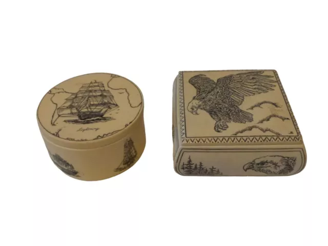2 VTG Replica Scrimshaw Trinket Jewelry Boxes Ships (Artek Pool ) & Eagles