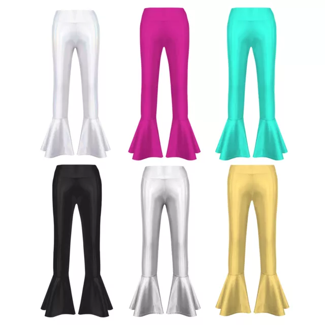 Girls Shiny Jazz Latin Dance Pants Ruffle Bell Bottom High Waist Flare Pants