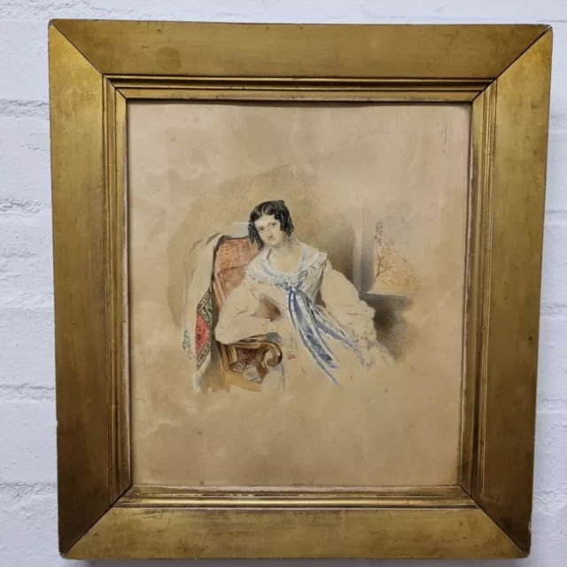 Antique 19th Century Watercolour Portrait Of A Lady Sitting In An Armchair