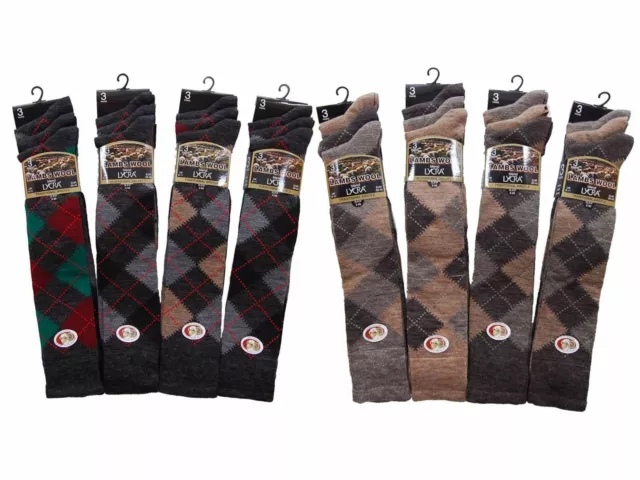 3 Pack Mens Socks Extra Long Knee High Lambs Wool Blend Argyle  Brown Or Grey