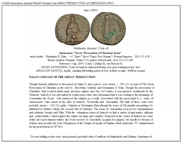 310AD Anonymous Ancient PAGAN Roman Coin GREAT PERSECUTION of CHRISTIANS i39933 3