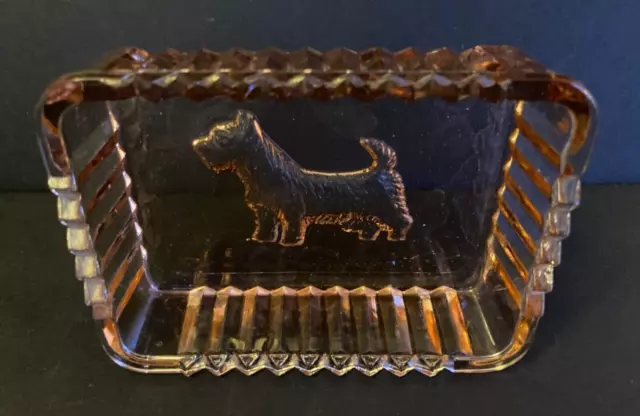 Vintage Pink Depression Glass Scottie Dog Vanity Trinket Ring Tray Soap Dish 3