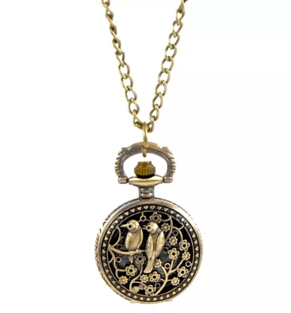 Antique Bronze 30mm Birds & Flowers Design Pendant Locket Pocket Watch