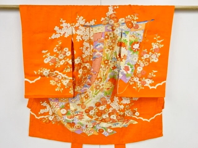 42662# Japanese Kimono / Antique Kimono For Girls / Embroidery / Flower & Tr