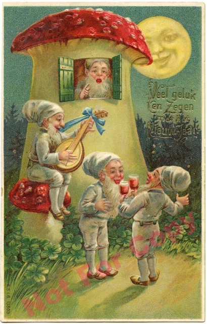Carte Postale Ancienne Allemande Gaufrée CPA Noël Lutin Nains Champignon Lune