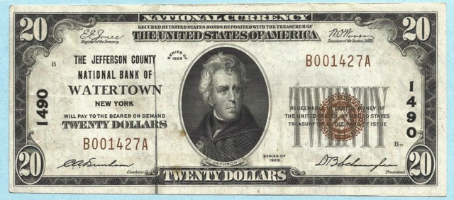 $20 National Currency 1929 T1 - Ch#1490 Jefferson County NB, Watertown, NY - EF