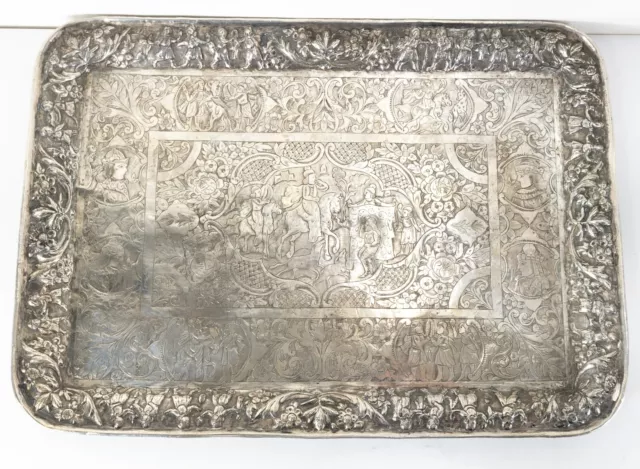 Antique Fine Turkish or Persian Sterling Silver Tray With Figures Islamic 19th C