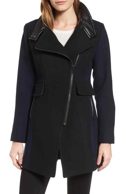 Trina Turk Eleanor Leather Trim Wool Blend Navy Blue Coat Size 2 B8017