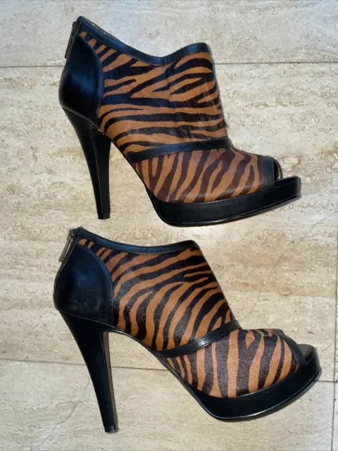 Reba Womens 7 Briell Black Cow Fur Leather Peep Toe 5" Heel Booties Boot Shoes