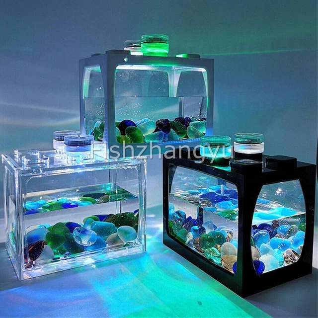 2PCS Mini Aquarium Fish Tank With LED Lamp Light Betta Cylinder Fish Tank NEW O 2