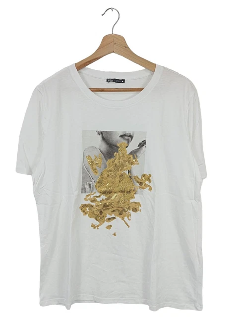 T-shirt Zara Blanc Avec Strass Et Sequins - Taille L - Manches Courtes - Comme Neuf Sans étiquette