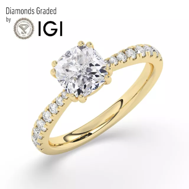 IGI,2CT, Solitaire Lab-Grown Cushion Diamond Engagement Ring, 18K Yellow Gold