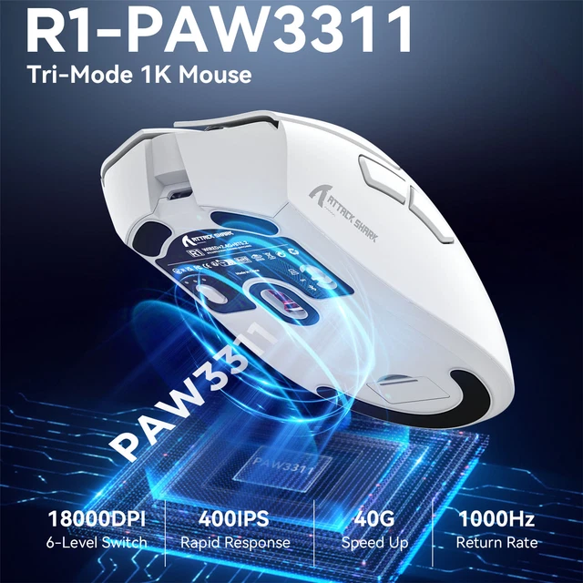 ATTACK SHARK R1 18000dpi Wireless Mouse, 1000Hz, Tri-mode Connection ...