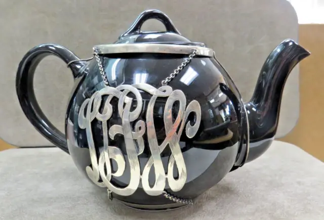 Vintage Ceramic Lipton Tea Teapot with Silver Overlay Monogram 6 x 9"