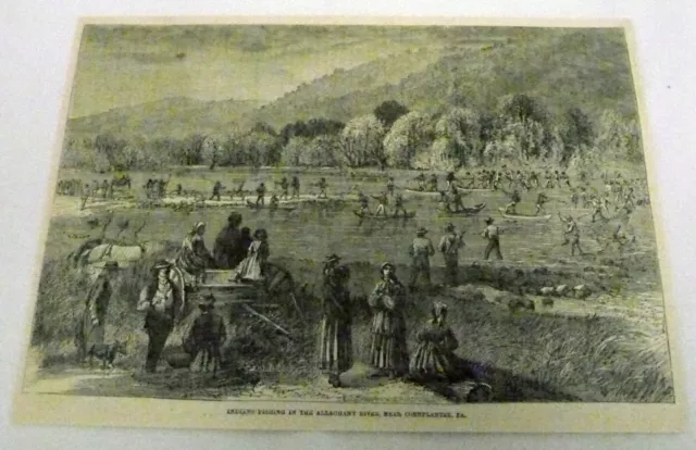 1886 magazine engraving ~ INDIANS FISHING IN THE ALLEGHANY RIVER